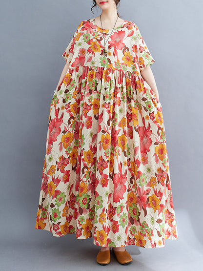 Loose Short Sleeves Pleated Printed Split-joint Round-neck Midi Dresses