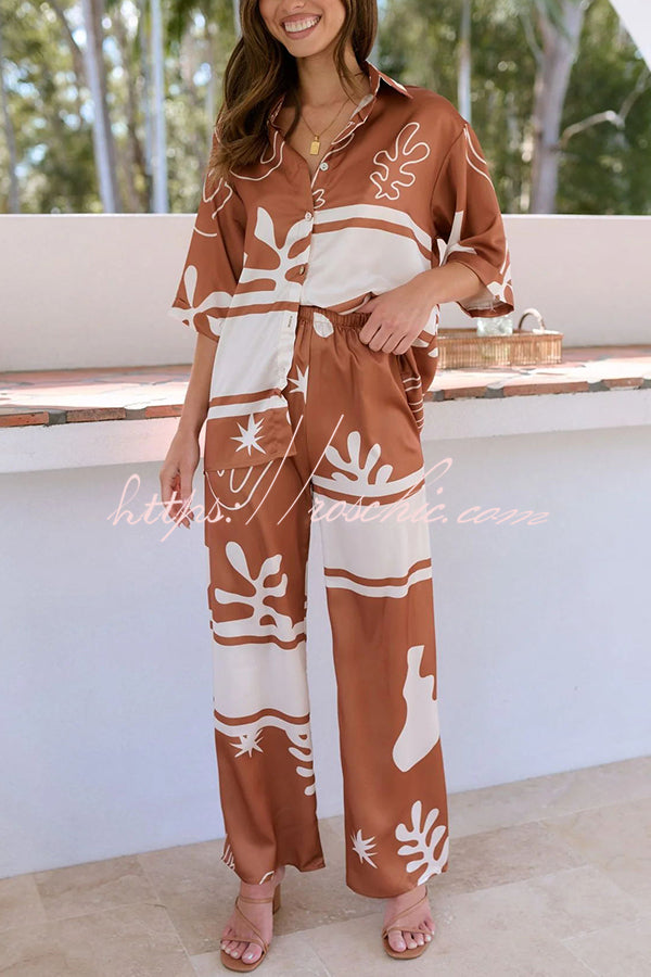 The Beach Unique Color Block Print Button Up Shirt and Elastic Waist Pants Set