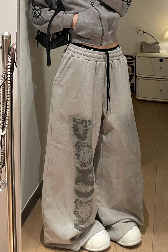 Letter Print Tie Wide Leg Sweat Pants