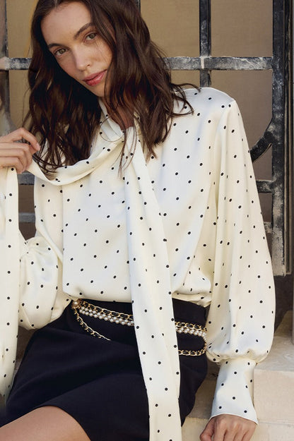 Polka Dot Collared Tie-up Slim Blouse