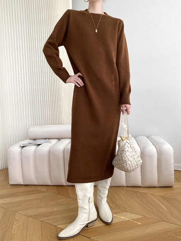 Urban Loose Long Sleeves Color Round-neck Sweater Dresses