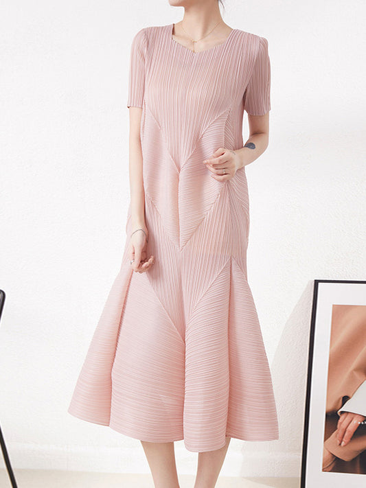 Short Sleeves Pleated Color Round-neck Midi Dresses
