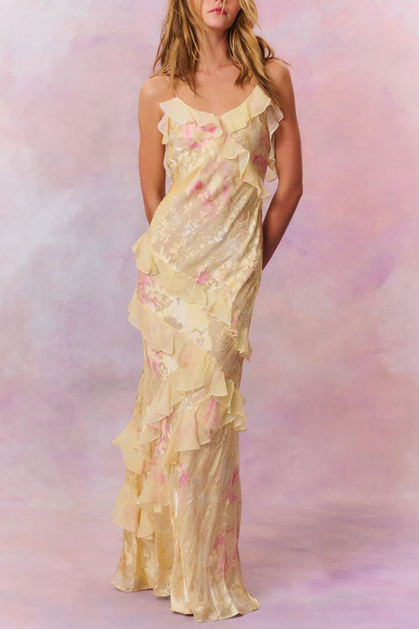 Multicolor Tie-dye Backless Wave-hem Strap Maxi Dress