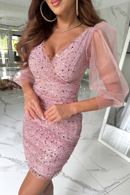 Lost in Your Eyes Mesh Sequin Balloon Sleeve Ruched Stretch Party Mini Dress