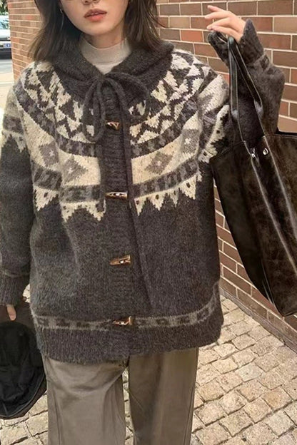 Retro Fair Isle Hooded Horn Button Loose Knit Cardigan