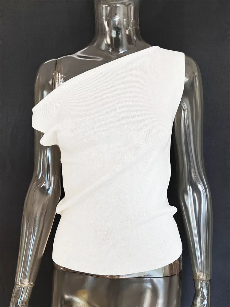 Off-shoulder T-shirt Summer Ribbed Sleeveless Clothes Female High Waist Tee Top