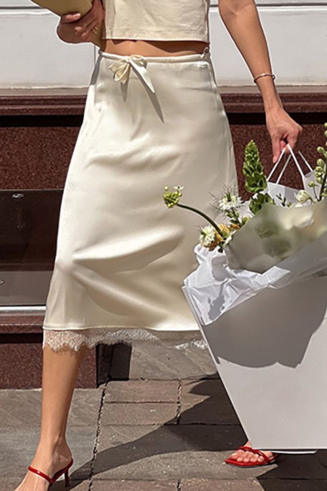 Lace Trim Tie Waist Midi Skirt