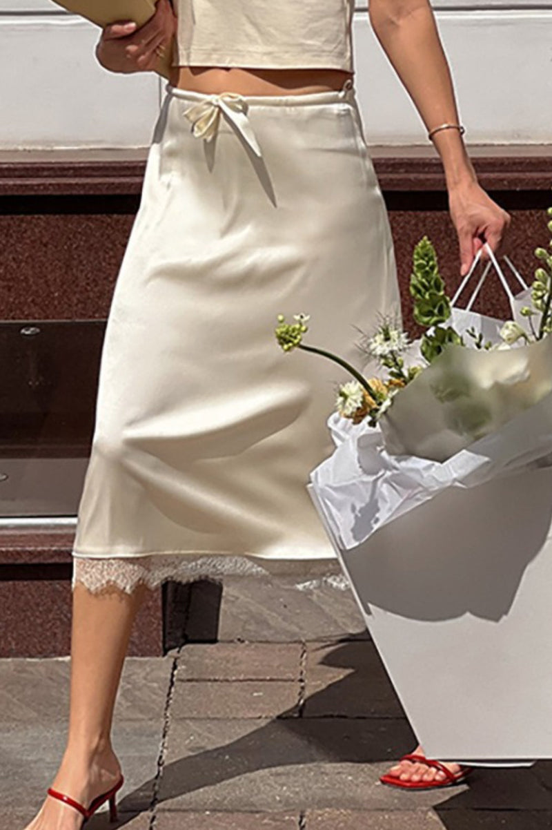Lace Trim Tie Waist Midi Skirt