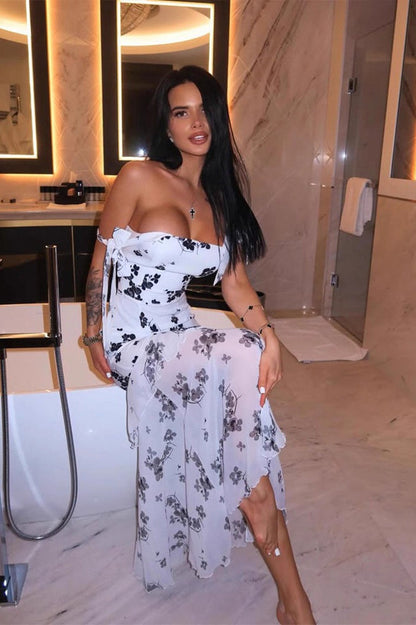 Print Mesh Strapless Maxi Dress