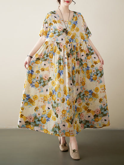A-line Loose Printed Round-neck Midi Dresses