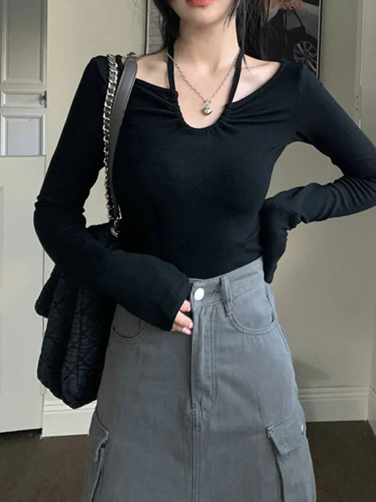 Autumn Korean Y2k T-shirt Woman Japanese Halter Bandage V-neck Skinny Long Sleeve Autum Tee Shirt Tshirt Tops
