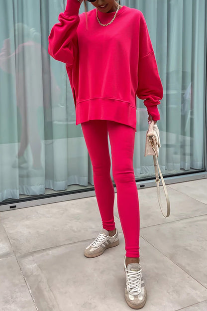 Color Loose Long Sleeve Slitsweatshirt and Elastic Waist Tight Pants Set