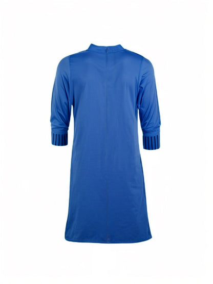 Loose Three-quarter Sleeves Buttoned Pleated Color Split-joint Tasseled Mock Neck Mini Dresses