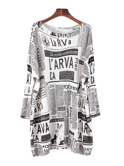 Loose One-shoulder Newspaper Printed Split-joint Sweater