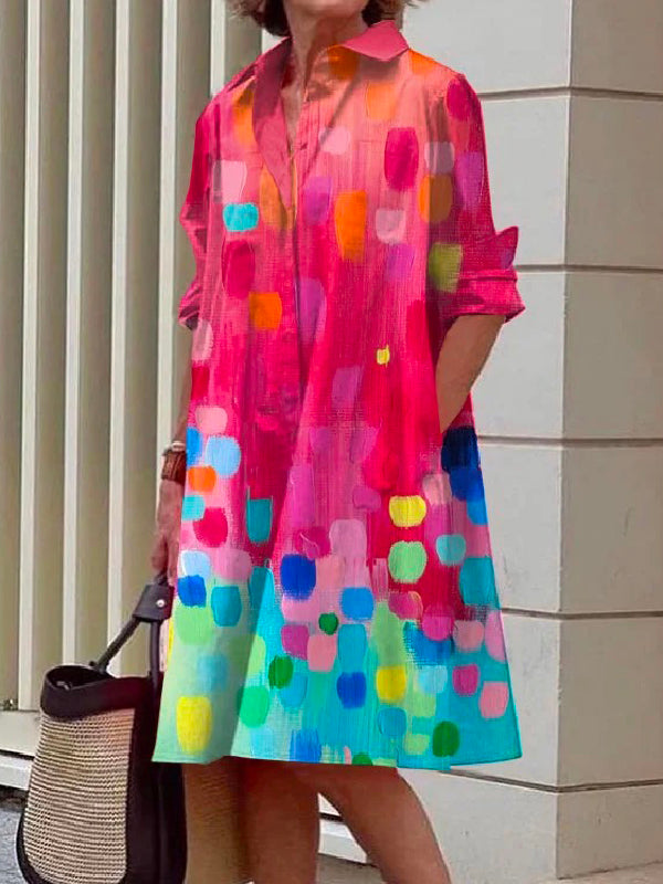 Long Sleeves Color-block Printed Lapel Midi Dresses