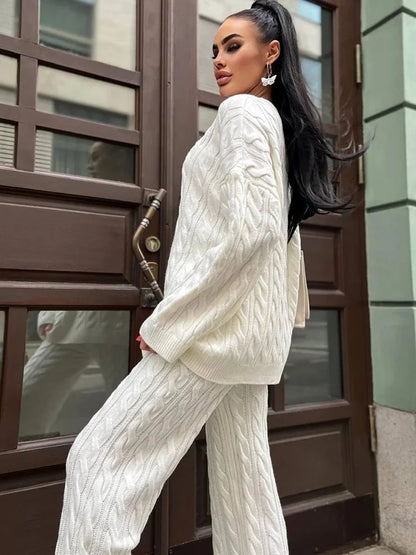 Autumn Knit Outfits Two Piece Sets Rib Loose Pullover and Wide Legs Pants Sweater Suit Matching Sets