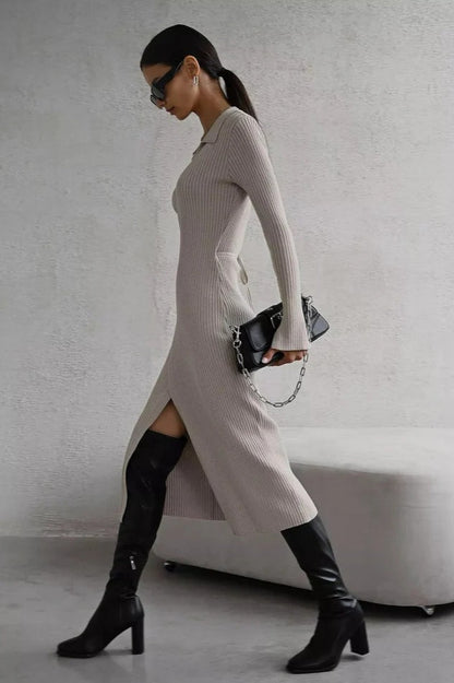 Belted Long Sleeve Knit Sweater Dress