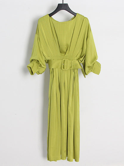 High Waisted Loose Belted Color Boat Neck Midi Dresses