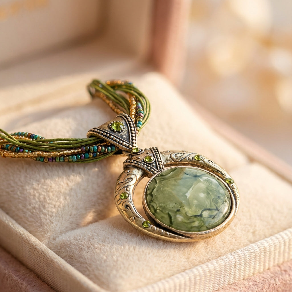 Vintage Ethnic Green Crystal Pendant Necklace