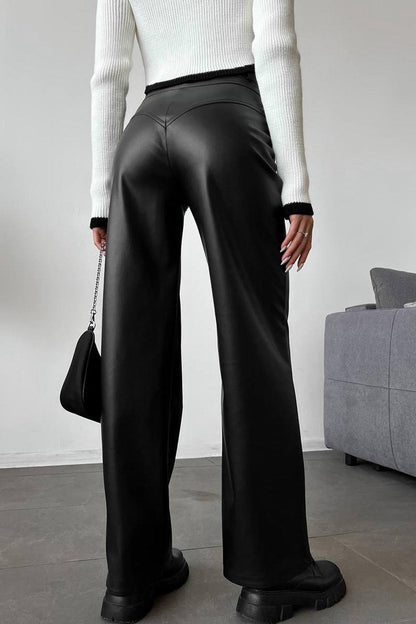 Leather Patchwork Slim Straight Pants