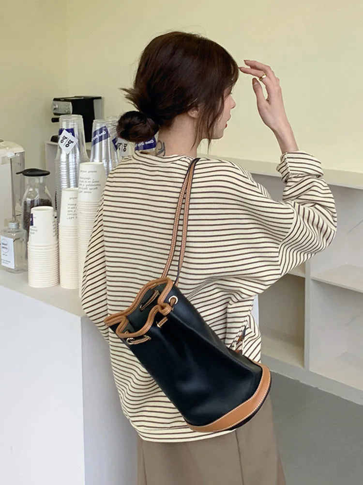 Coffee Stripes Cotton T-shirts Loose-fitting Autumn Lady Full Sleeve All Match Tops