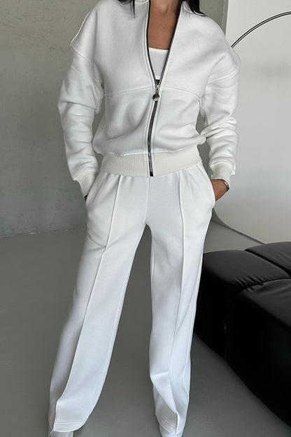 Color Long Sleeve Zipper Jacket and Elastic Waist Pocket Wide Leg Pants Set