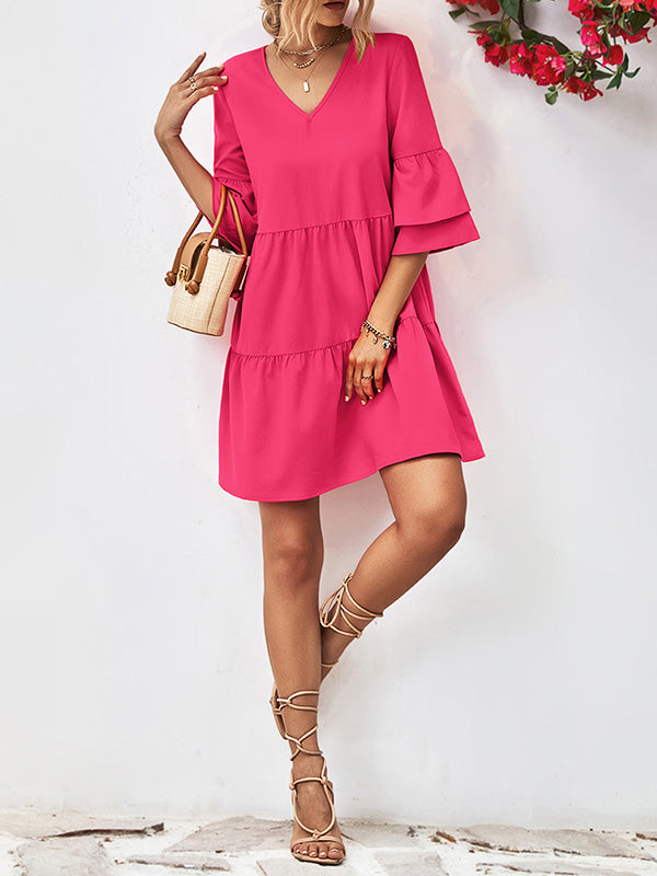 Flared Sleeves Half Sleeves Color V-neck Mini Dresses