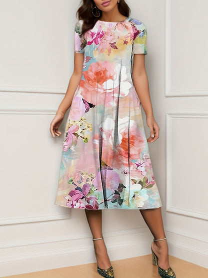 A-line Loose Flower Print Pockets Round-neck Midi Dresses