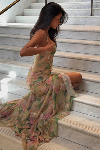 Silk Ruched Slit Spaghetti Maxi Dress