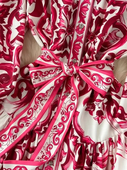 Long Dress Printing Long Sleeve Maxi Dresses Slim A-line High Waisted Bandage Long Robe Vestidos