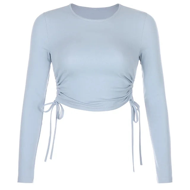 O-neck Long Sleeve Bodycon Cropped Tops Autumn Irregular Drawstring Bandage Knitted T-shirt