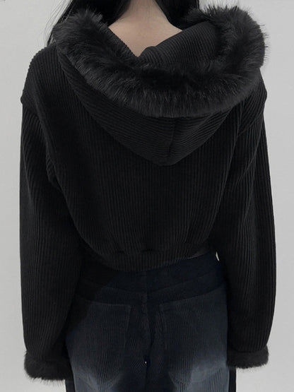Y2k Black Versatile Color Corduroy Plush Cardigan