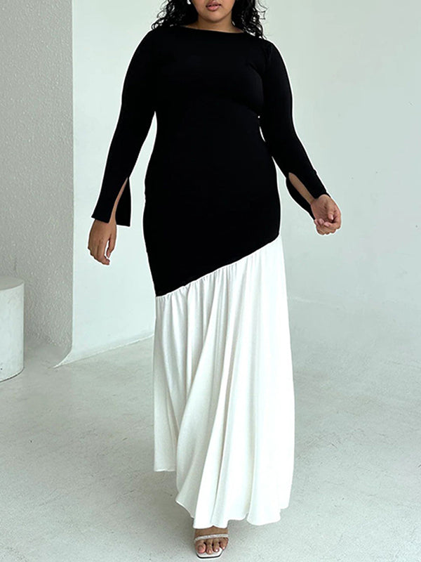 Bodycon High Waisted Contrast Color Pleated Split-joint Round-neck Maxi Dresses
