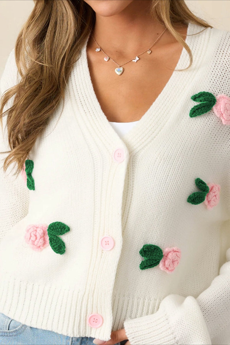 3d Flower Buttoned Knit Cardigan
