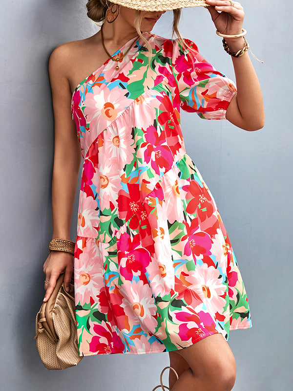 A-line Bishop Sleeve Flower Print Split-joint One-shoulder Mini Dresses