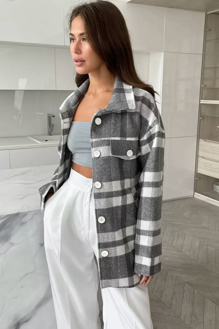 Woolen Plaid Belted Thick Coat