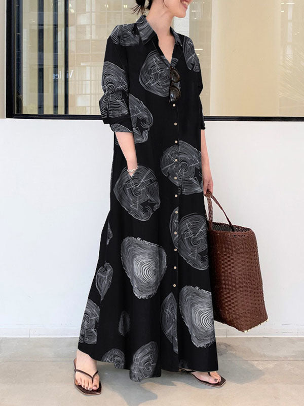 Long Sleeves Loose Printed Split-joint Lapel Maxi Dresses Shirt Dress