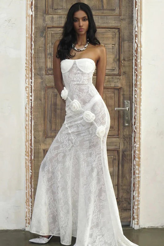 Sheer Lace Strapless 3d Train Maxi Dress