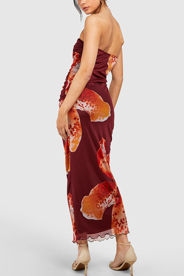Oh So Sunny Mesh Print Bandeau Stretch Maxi Dress