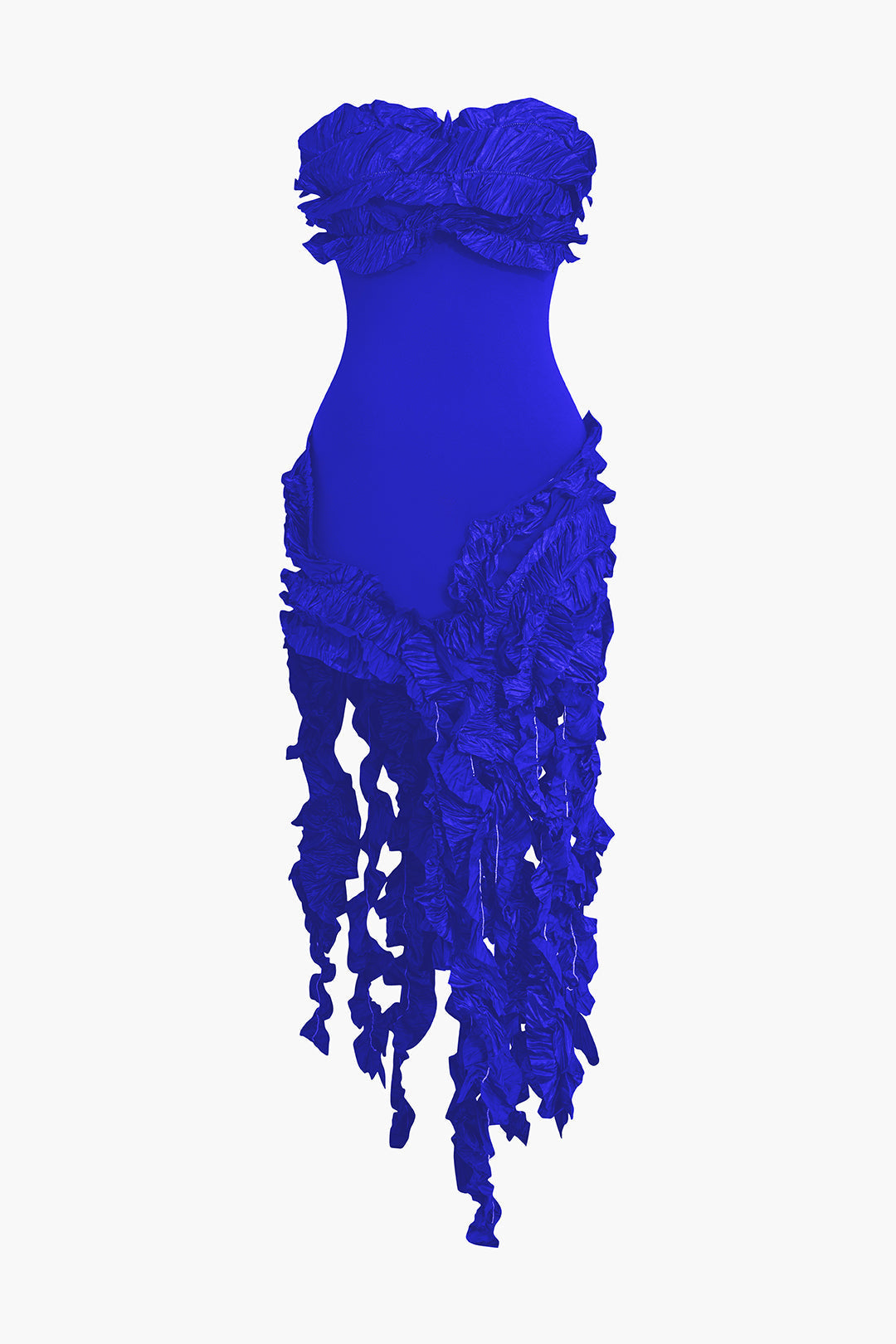 Color Ruffled Fringe Strapless Midi Dress