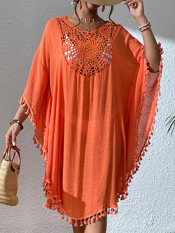 Batwing Sleeves Loose Hollow Color Sun Protection Tasseled Round-neck Cover-ups Tops Midi Dresses