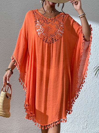 Batwing Sleeves Loose Hollow Color Sun Protection Tasseled Round-neck Cover-ups Tops Midi Dresses