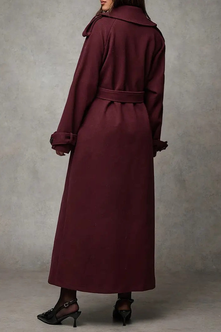 Long Notched Lapel Wool Blend Overcoat