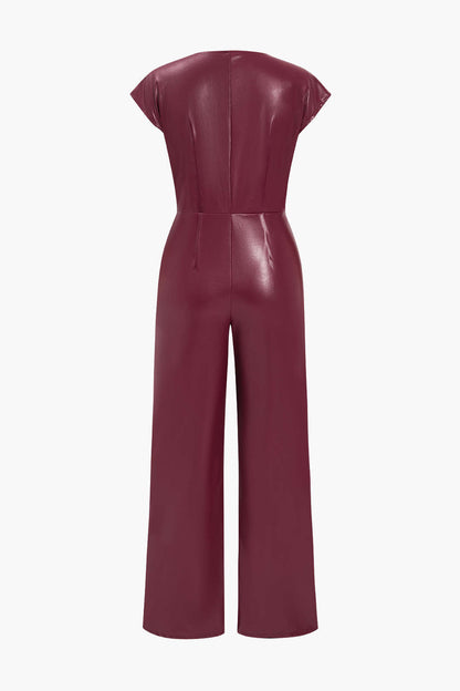 Color Faux Leather Button Jumpsuit