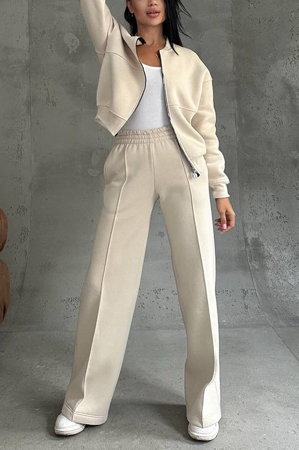 Color Long Sleeve Zipper Jacket and Elastic Waist Pocket Wide Leg Pants Set