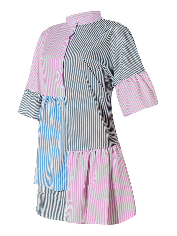 Long Sleeves Loose Buttoned Contrast Color Pleated Split-joint Striped Stand Collar Mini Dresses Shirt Dress