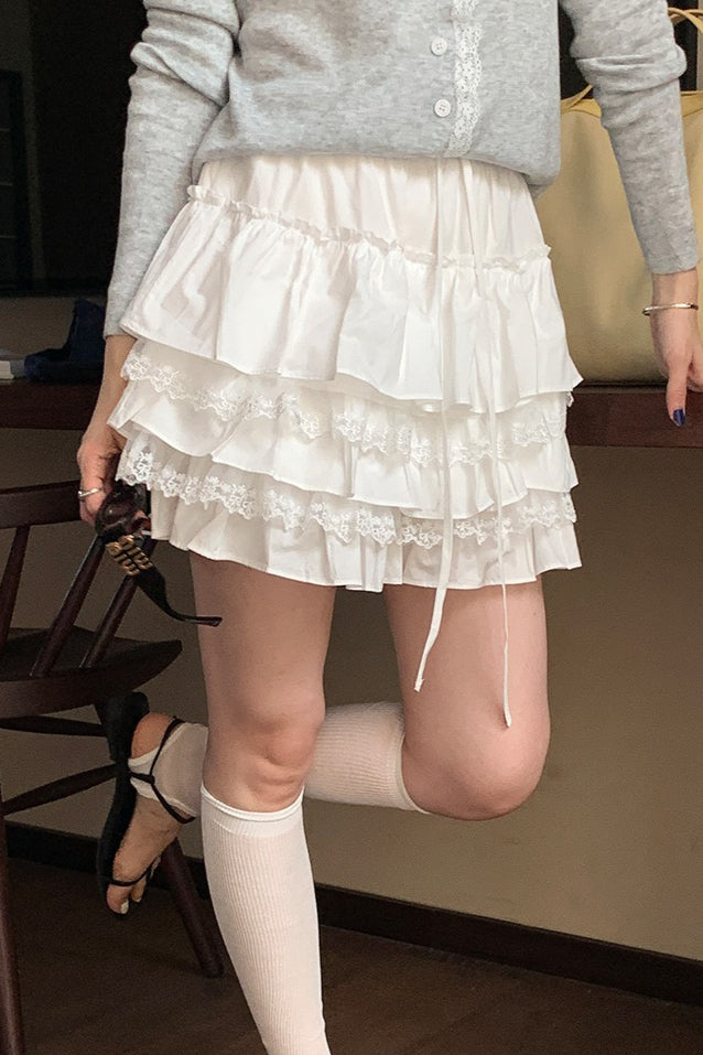 High Waist Tiered Ruffle a Line White Mini Skirt
