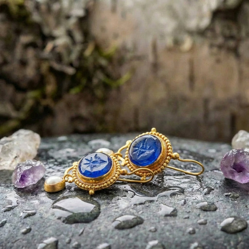 Vintage Blue Pearl Gold Earrings