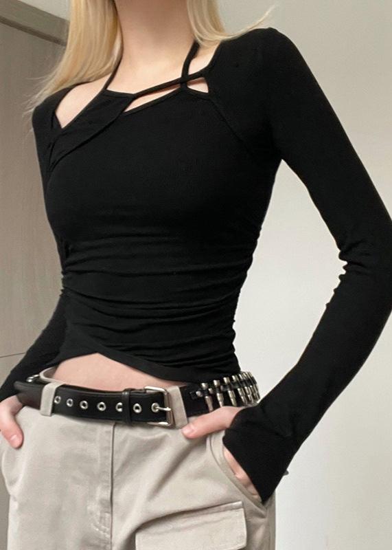 Asymmetrical Hollow-out T-shirt - Bold and Edgy Long Sleeve Top