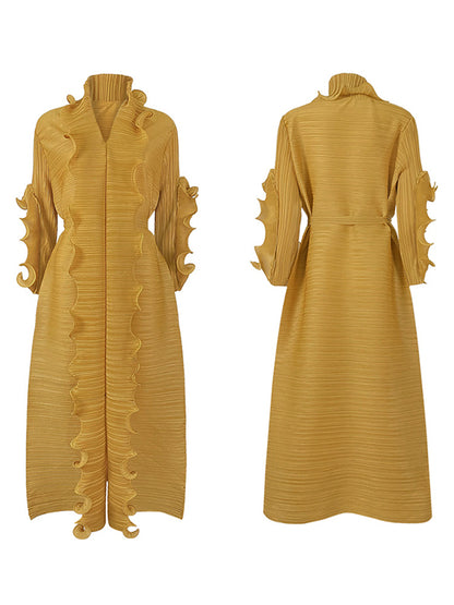 Original Loose Long Sleeves Tied Pleated Falbala Color V-neck Maxi Dresses